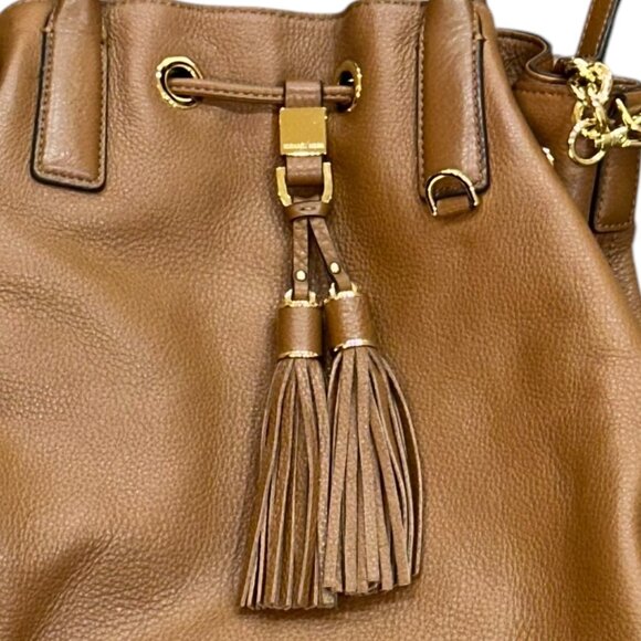 Michael Kors Crossbody Brown Pebbled Leather Tassel Bucket Hobo Bag Purse Gold - Picture 2 of 7